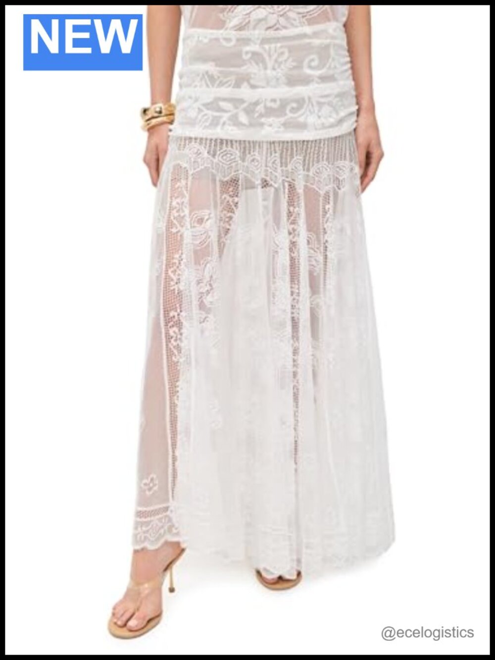 Women's Lace Mesh Maxi Skirt with Ruching & Scalloped Hem